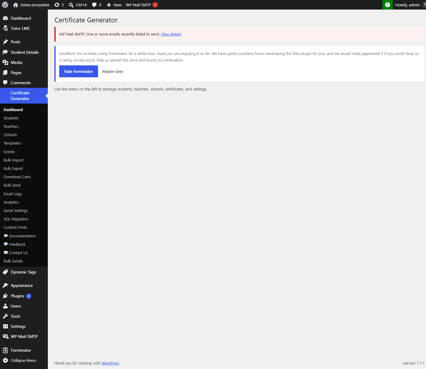 Certificate Generator dashboard